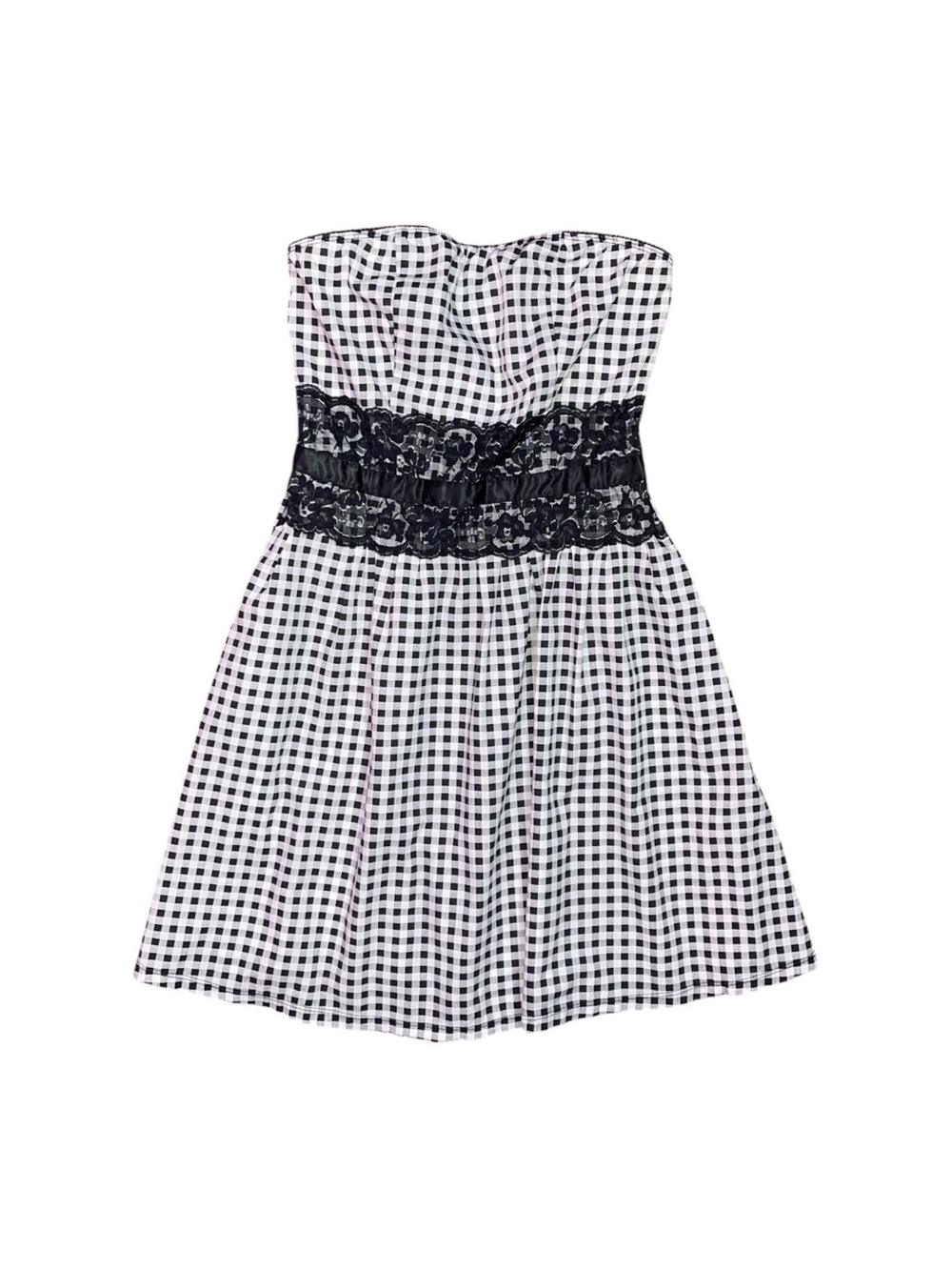 Lola‎ Y2K Vintage Strapless Gingham Mini Dress Black White Lace Women’s Small